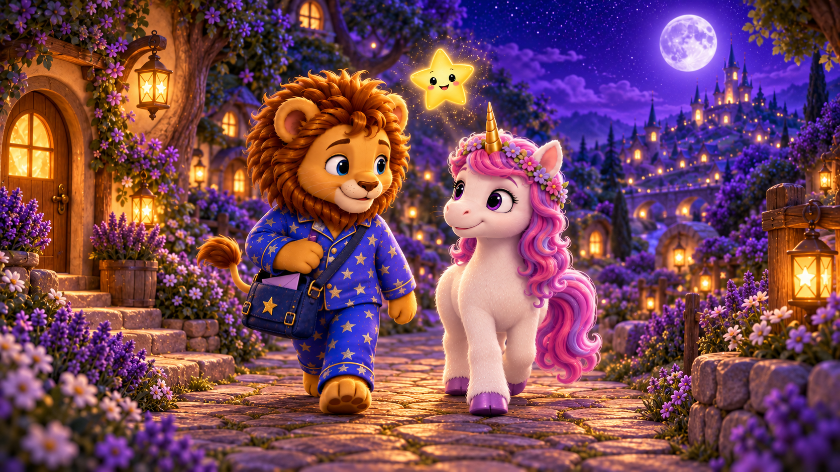 Leo, Prisa, and Twinkle walking together through Dreamland's purple moonlit village